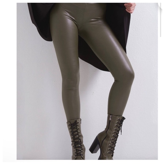 Olive Faux Leather high waist leggings Sz S/M - Picture 2 of 5